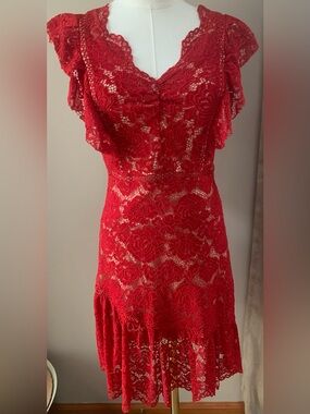 Red Lace from Lena  Midi Dress with Floral Overlay